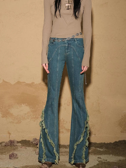 Fringed Hem Flared Denim Pants