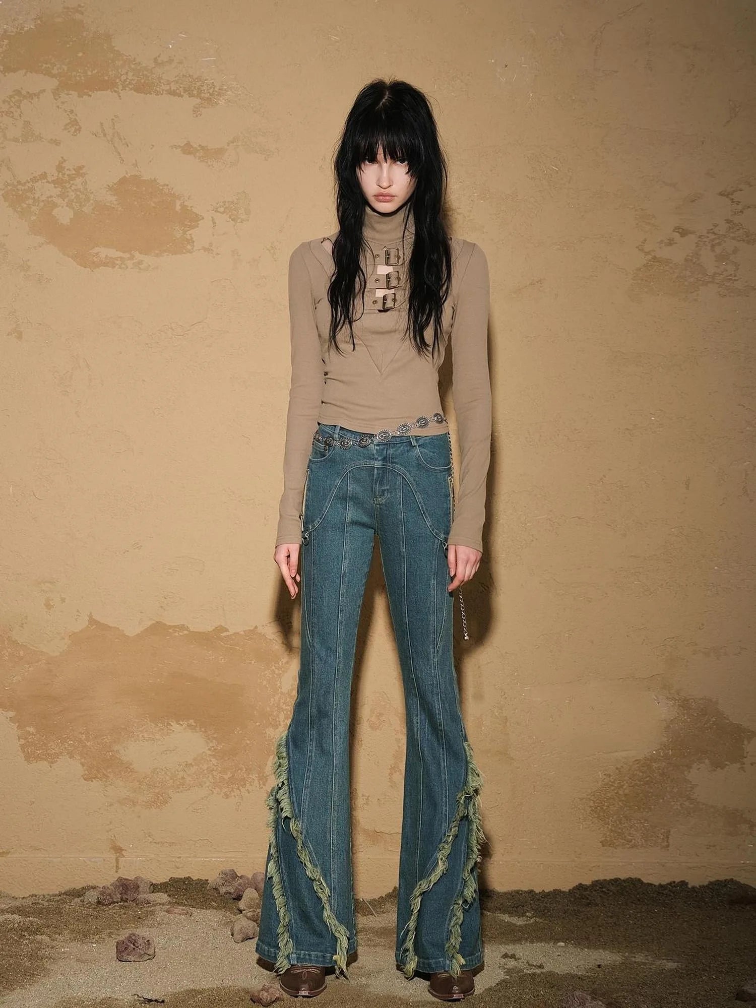 Fringed Hem Flared Denim Pants