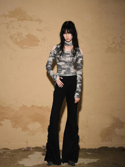 Fringed Hem Flared Denim Pants