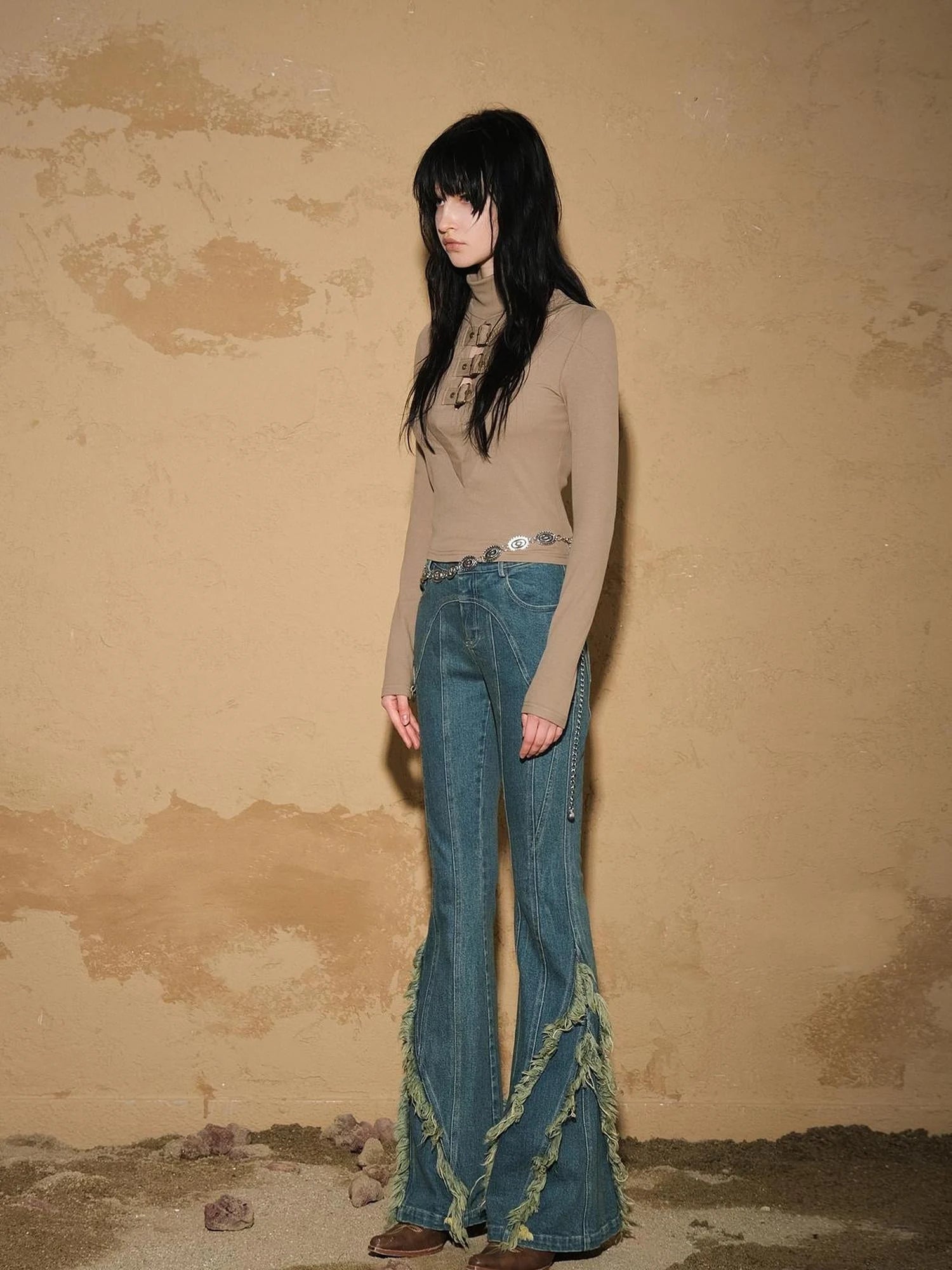 Fringed Hem Flared Denim Pants