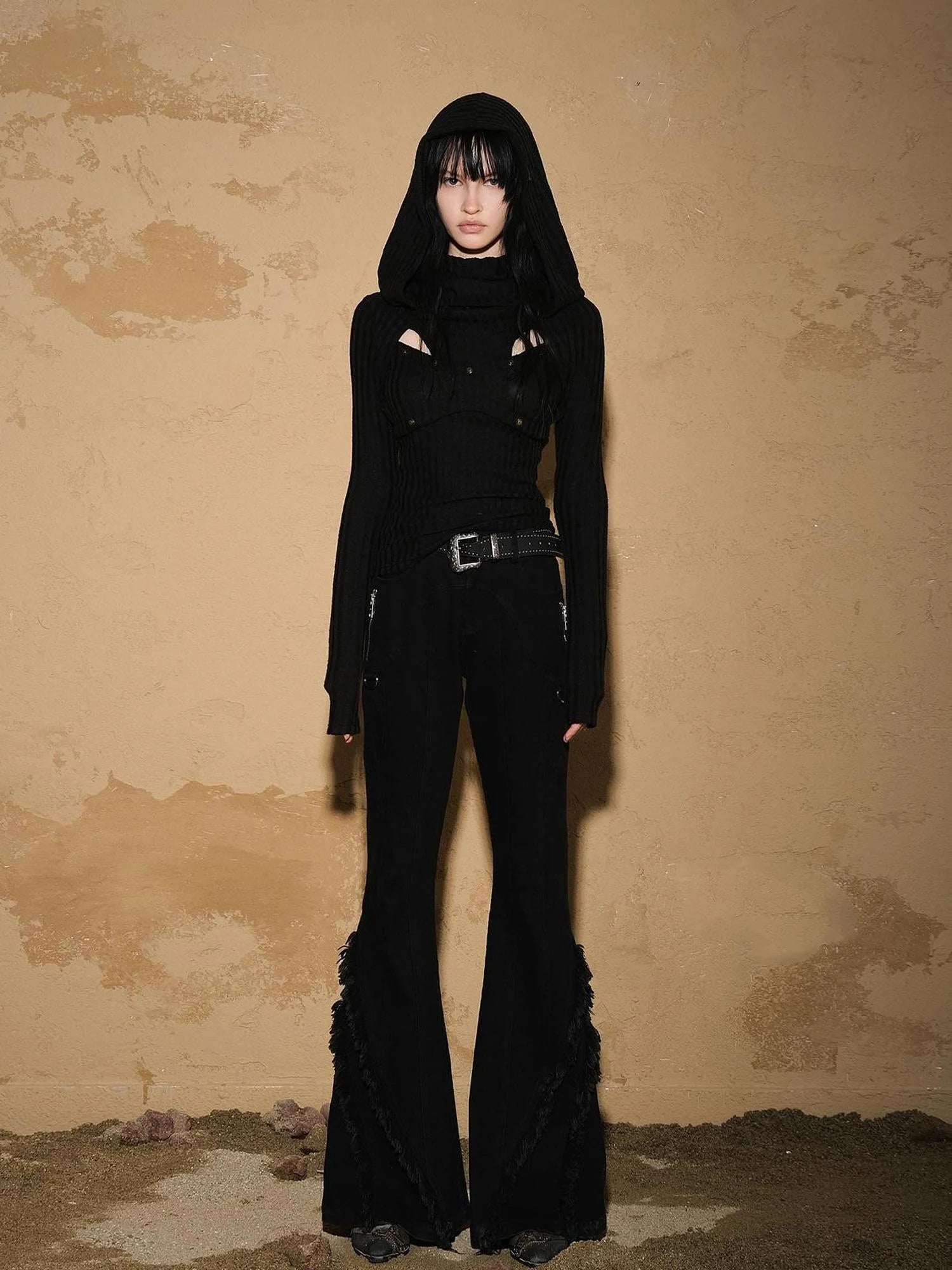 Fringed Hem Flared Denim Pants