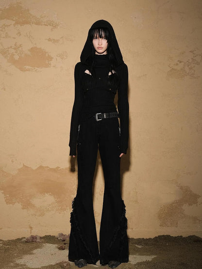 Fringed Hem Flared Denim Pants