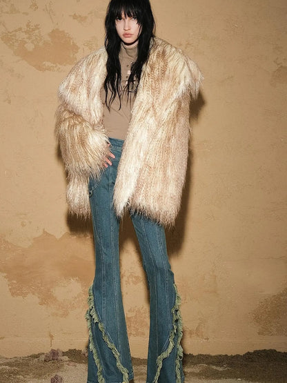 Fringed Hem Flared Denim Pants