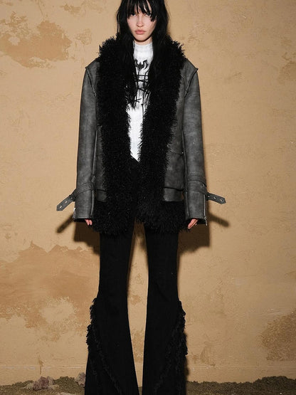 Fringed Hem Flared Denim Pants