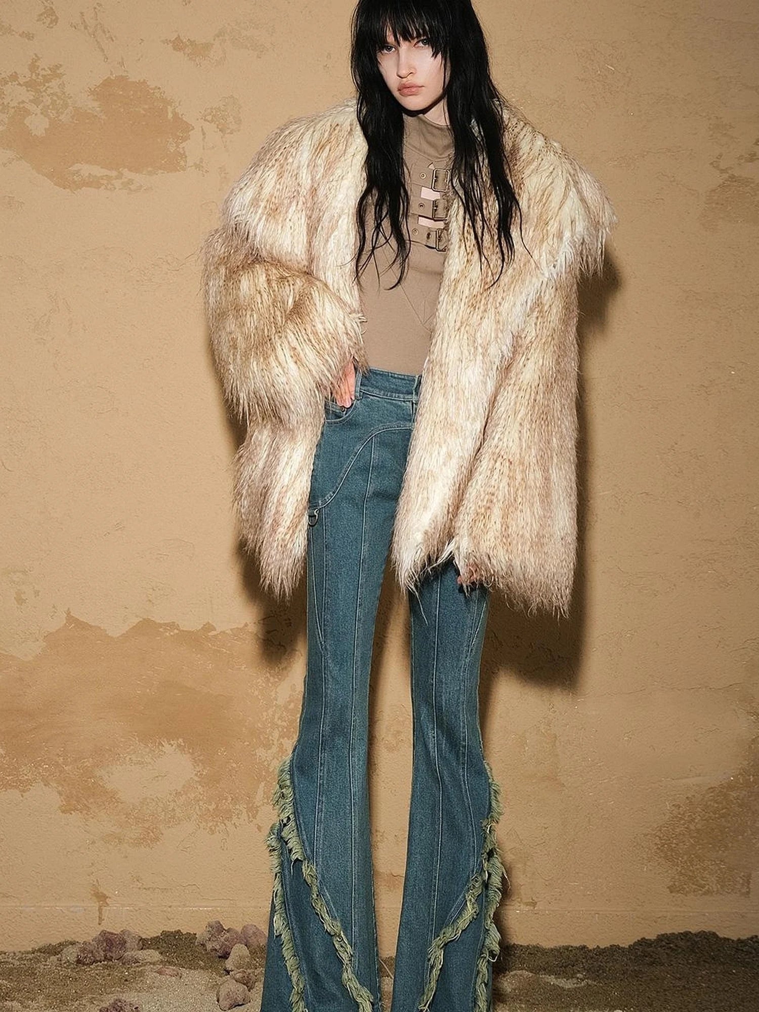 Fringed Hem Flared Denim Pants
