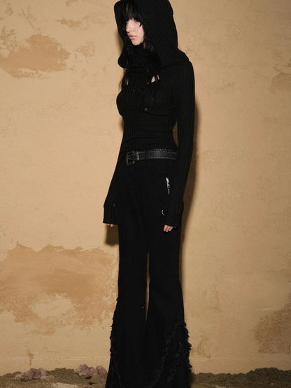 Fringed Hem Flared Denim Pants