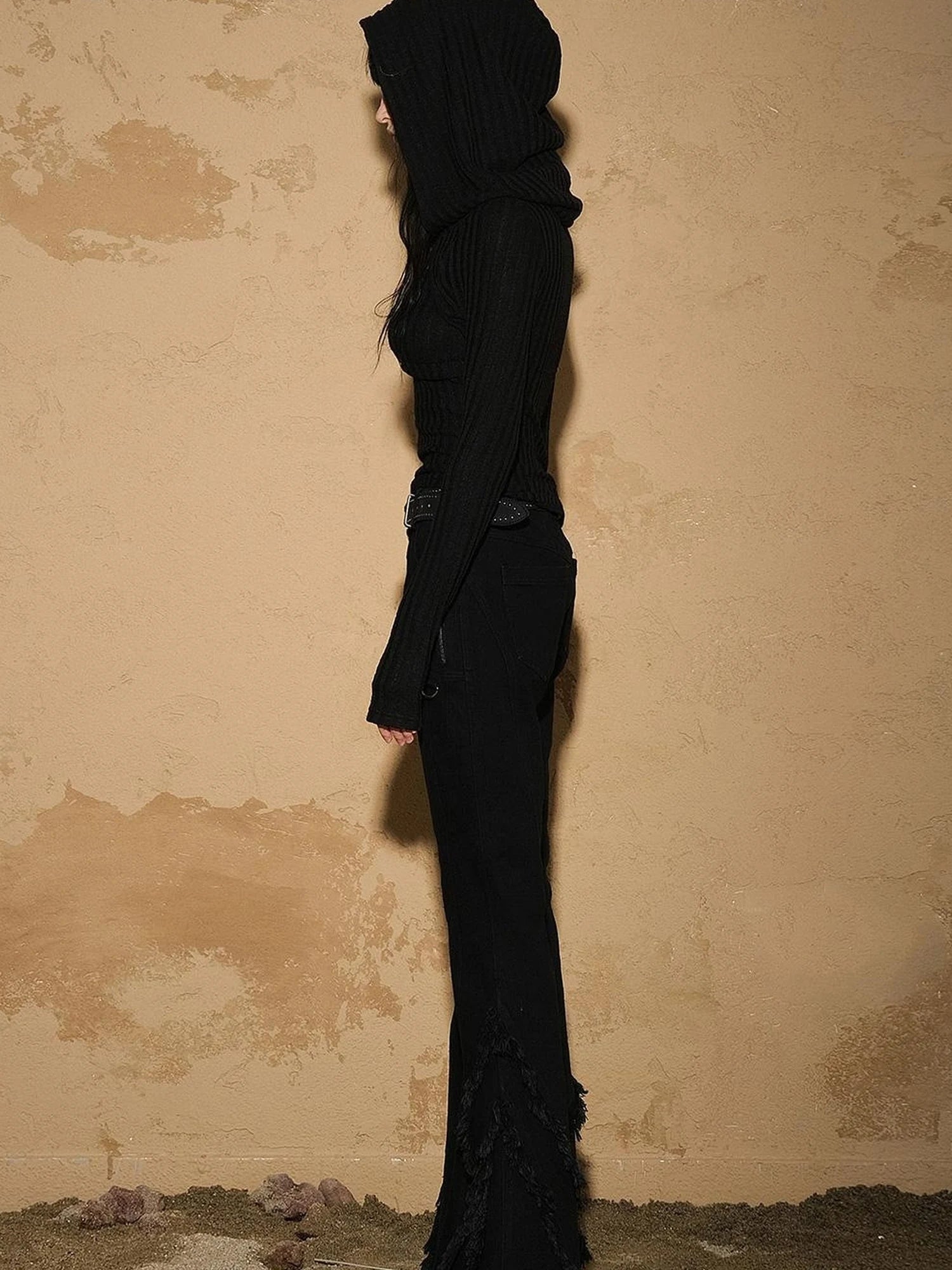 Fringed Hem Flared Denim Pants