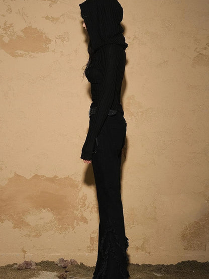 Fringed Hem Flared Denim Pants