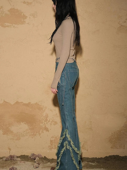 Fringed Hem Flared Denim Pants