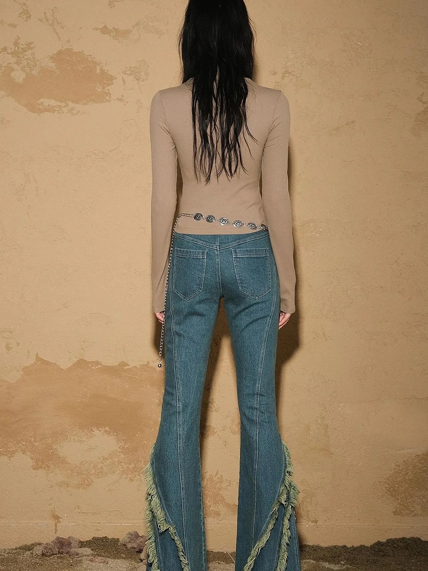Fringed Hem Flared Denim Pants
