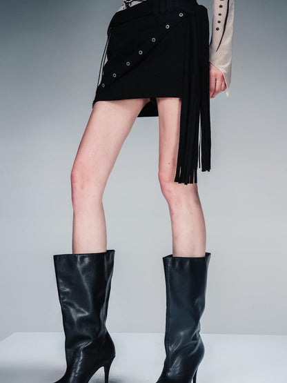 NN NORTH NODE Fringed Suspender Mini Skirt With Flowy Tassel Waist