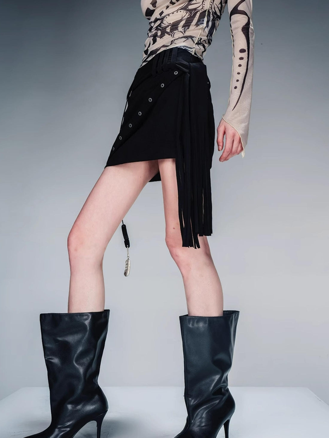 NN NORTH NODE Fringed Suspender Mini Skirt With Flowy Tassel Waist