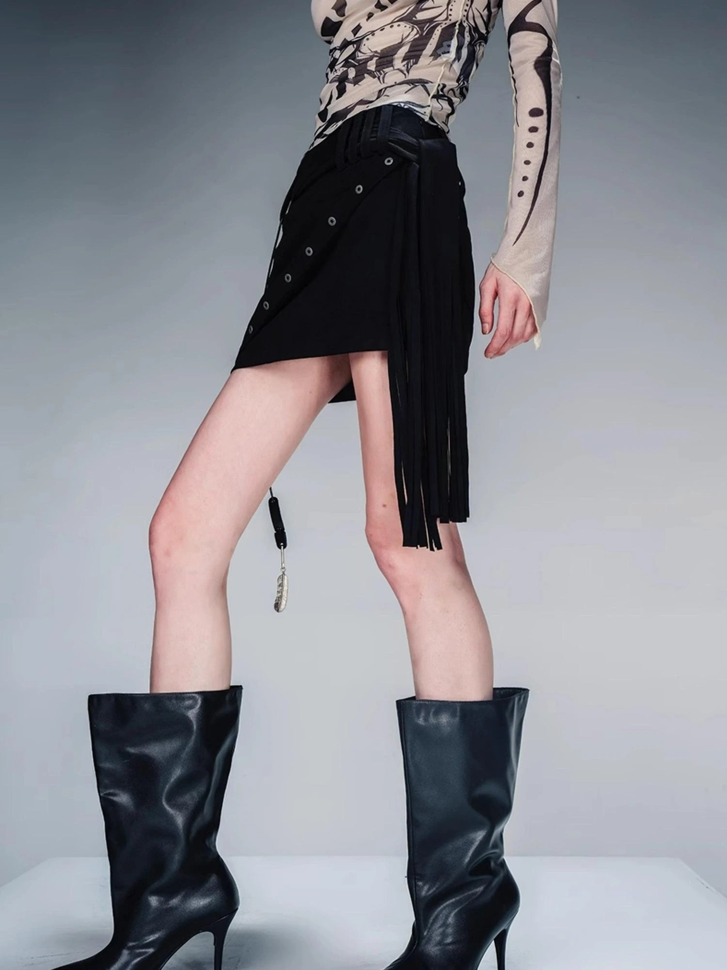 Fringed Suspender Mini Skirt With Flowy Tassel Waist