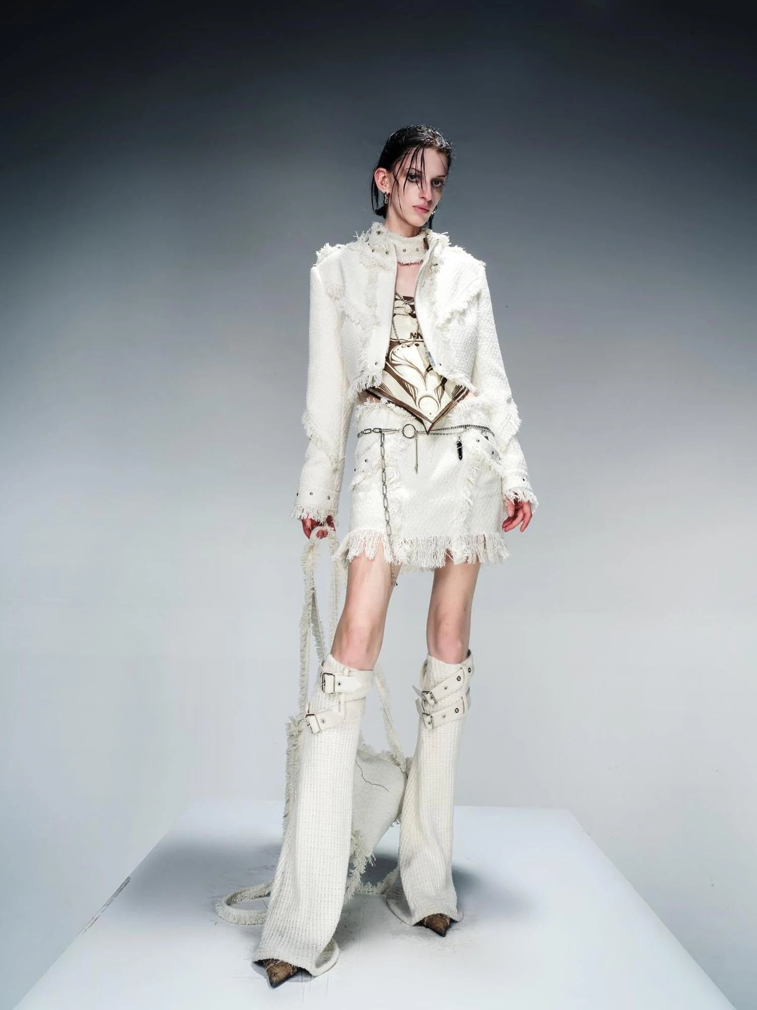 Fringed Tweed Set Edgy Jacket Asymmetric Skirt