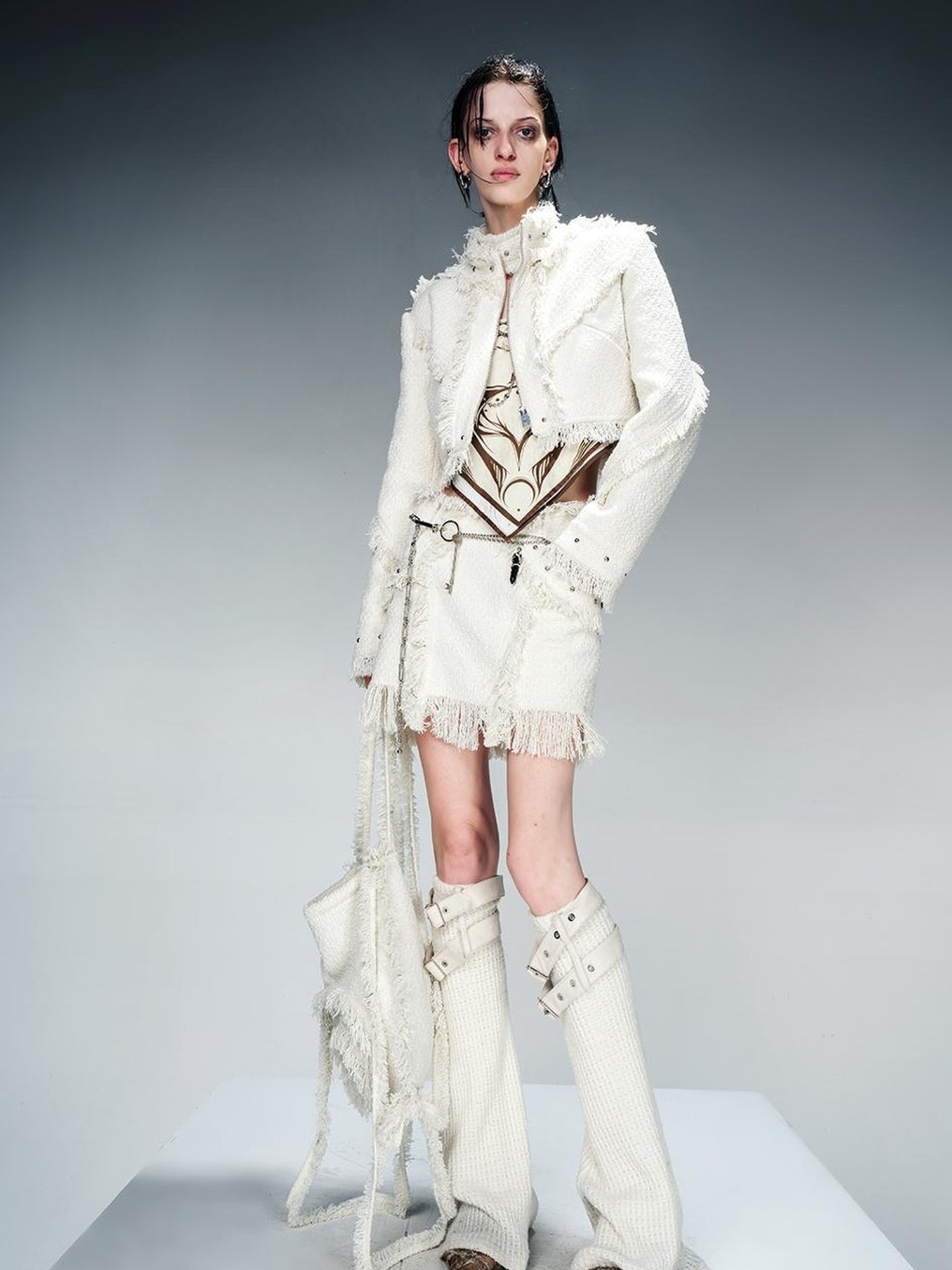 NN NORTH NODE Fringed Tweed Set Edgy Jacket Asymmetric Skirt