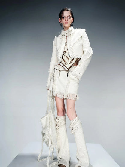 Fringed Tweed Set Edgy Jacket Asymmetric Skirt