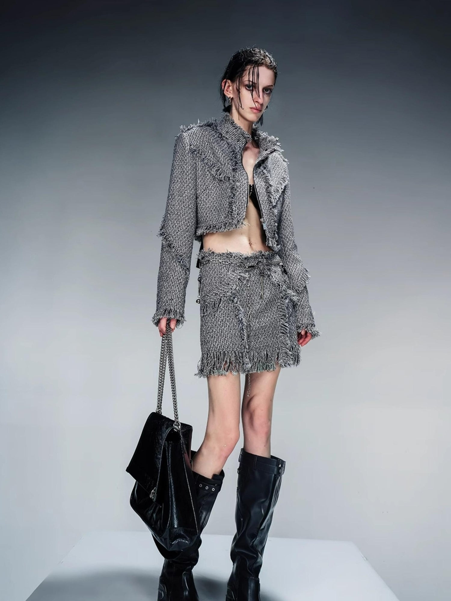 NN NORTH NODE Fringed Tweed Set Edgy Jacket Asymmetric Skirt