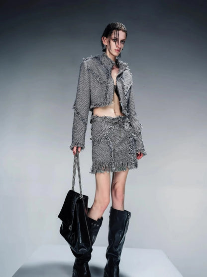 Fringed Tweed Set Edgy Jacket Asymmetric Skirt