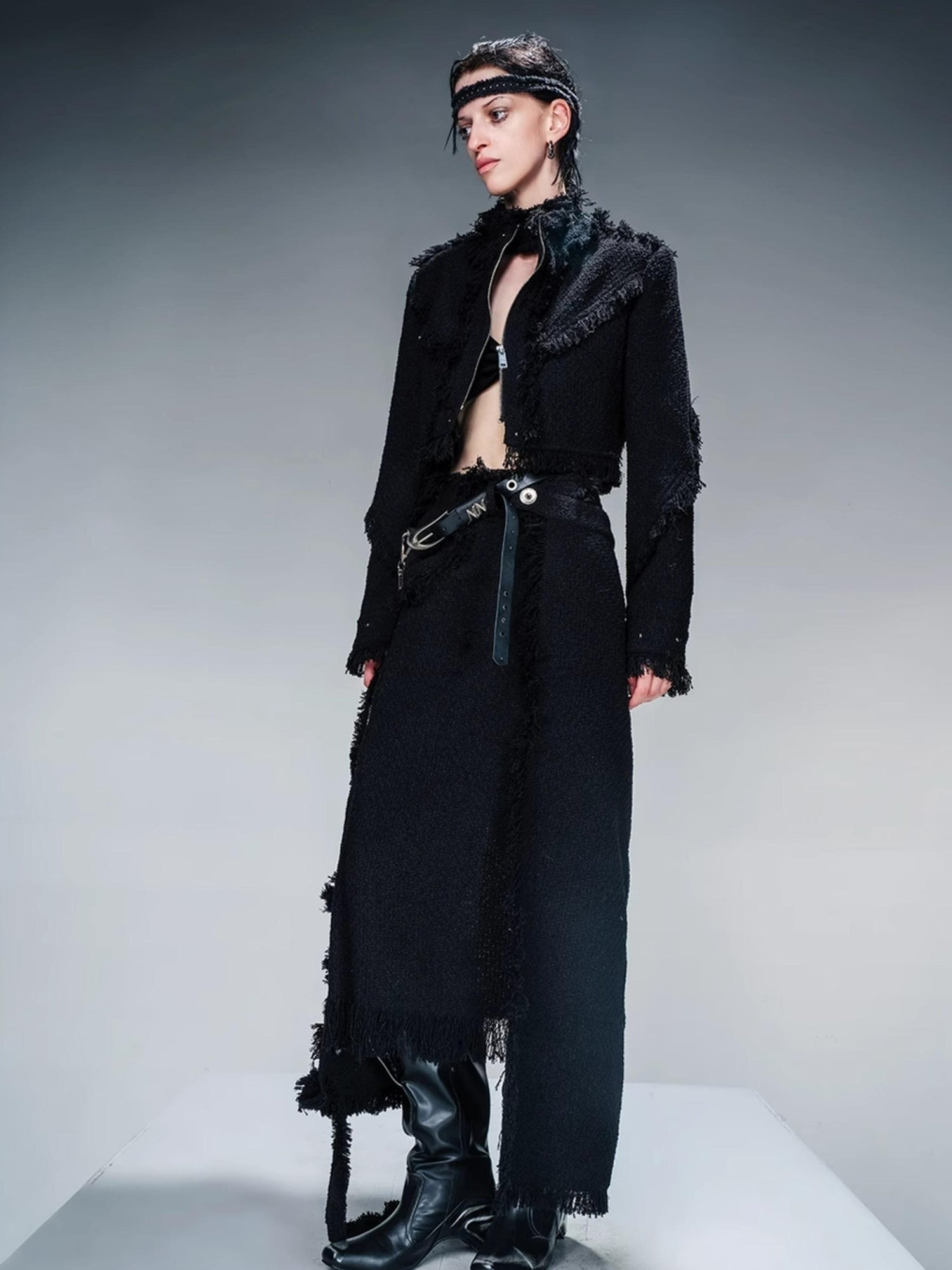 NN NORTH NODE Fringed Tweed Set Edgy Jacket Asymmetric Skirt