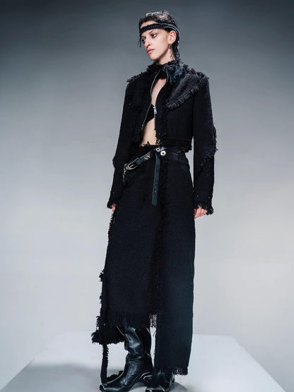 NN NORTH NODE Fringed Tweed Set Edgy Jacket Asymmetric Skirt
