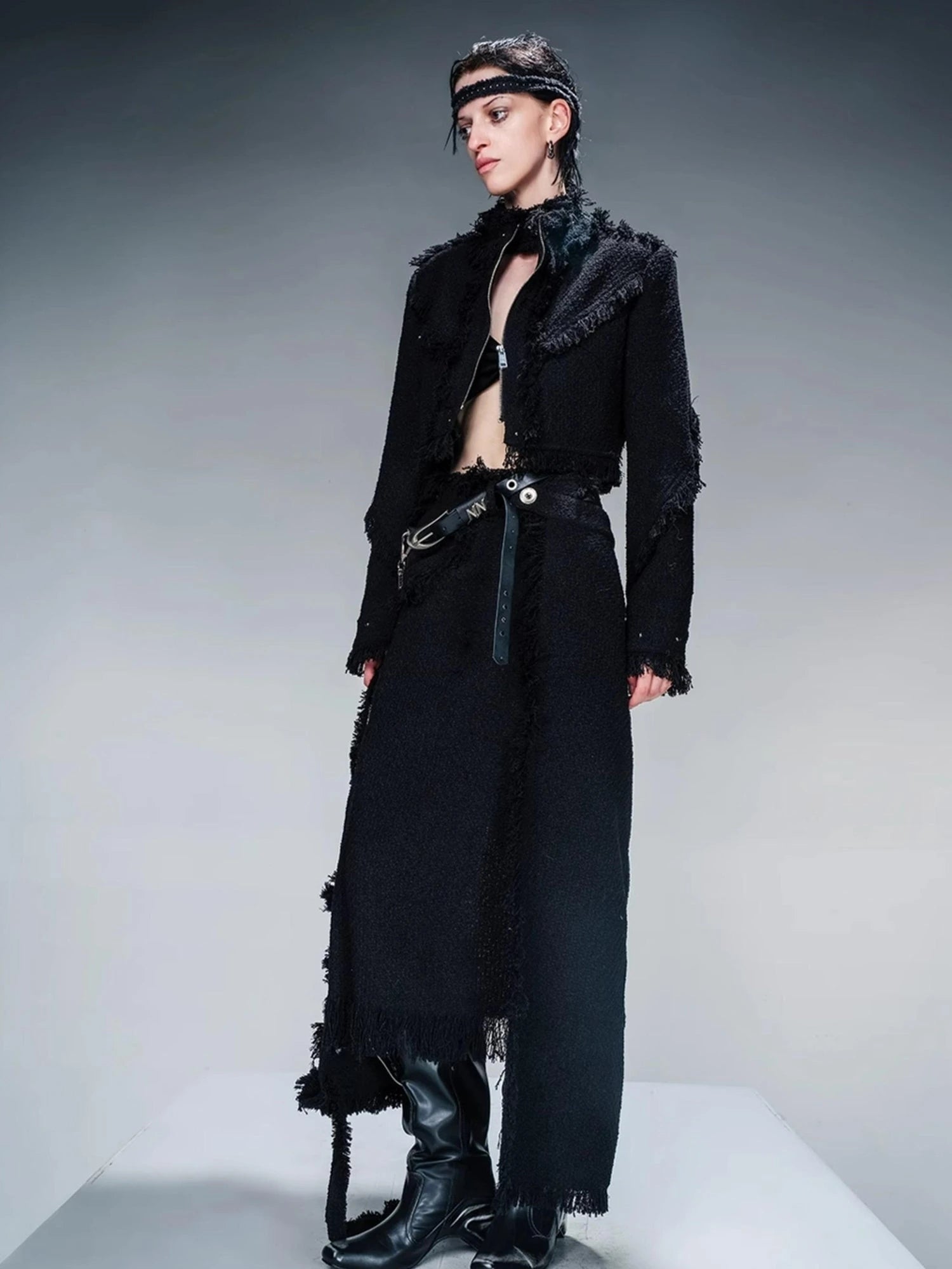 Fringed Tweed Set Edgy Jacket Asymmetric Skirt
