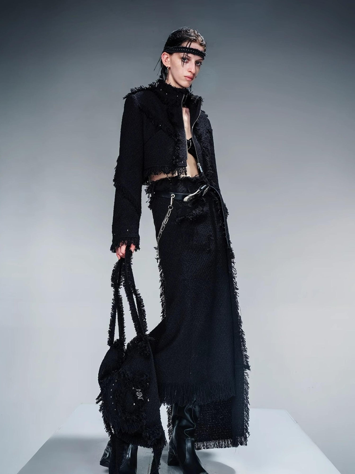 NN NORTH NODE Fringed Tweed Set Edgy Jacket Asymmetric Skirt