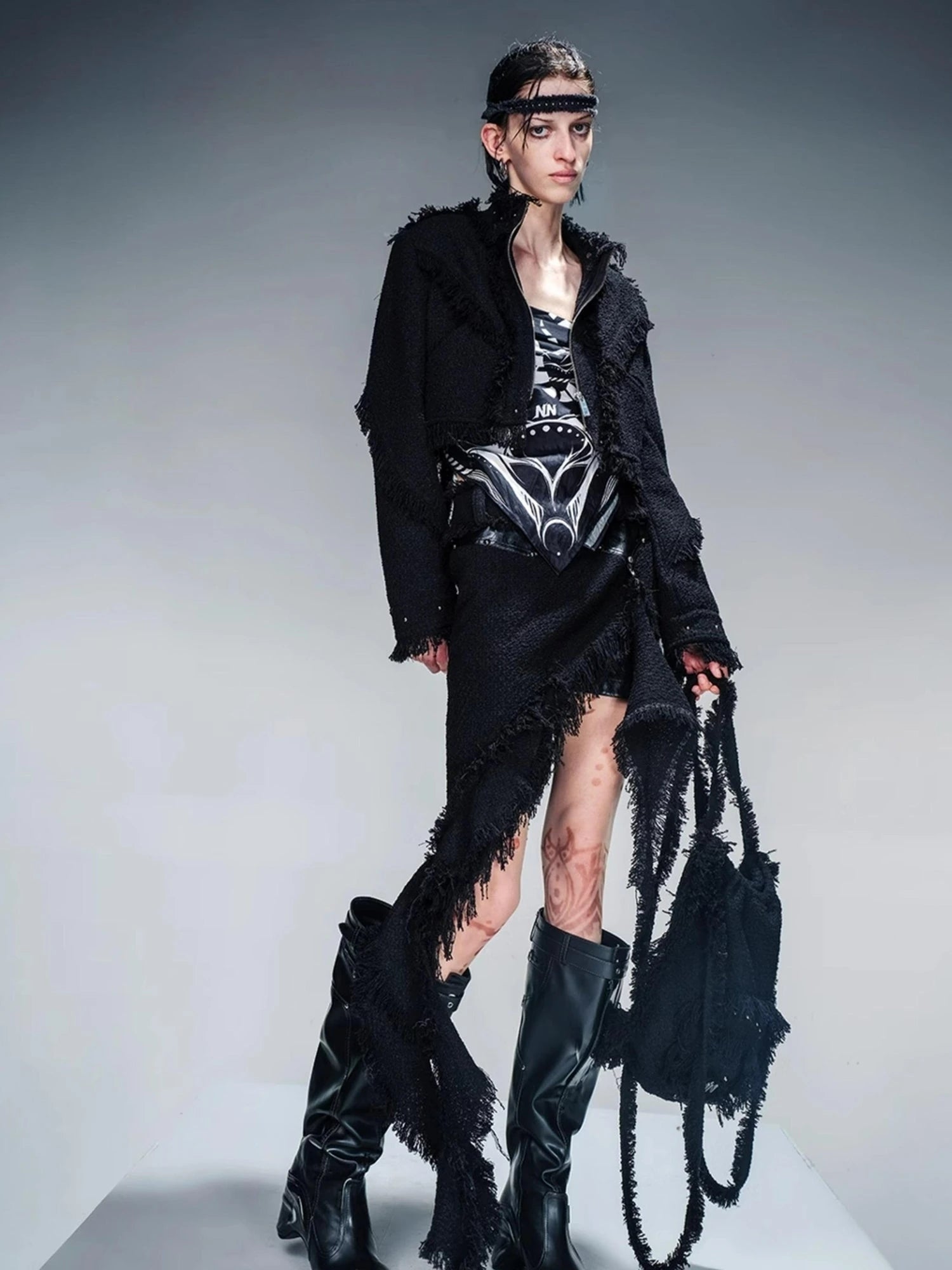 Fringed Tweed Set Edgy Jacket Asymmetric Skirt
