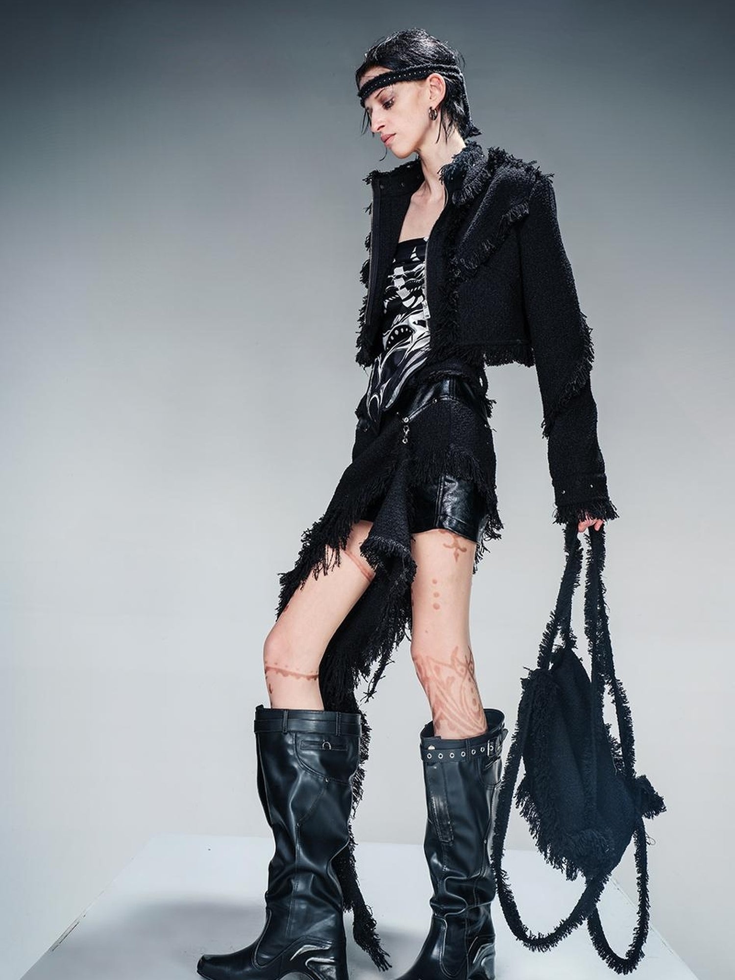 NN NORTH NODE Fringed Tweed Set Edgy Jacket Asymmetric Skirt