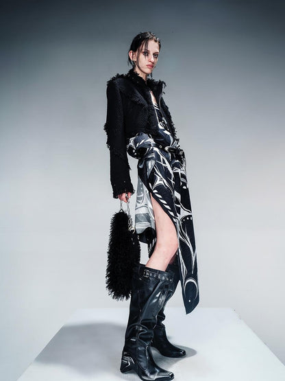 NN NORTH NODE Fringed Tweed Set Edgy Jacket Asymmetric Skirt