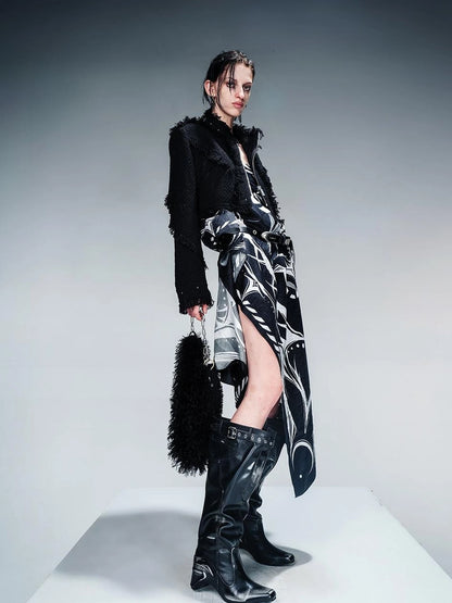 Fringed Tweed Set Edgy Jacket Asymmetric Skirt