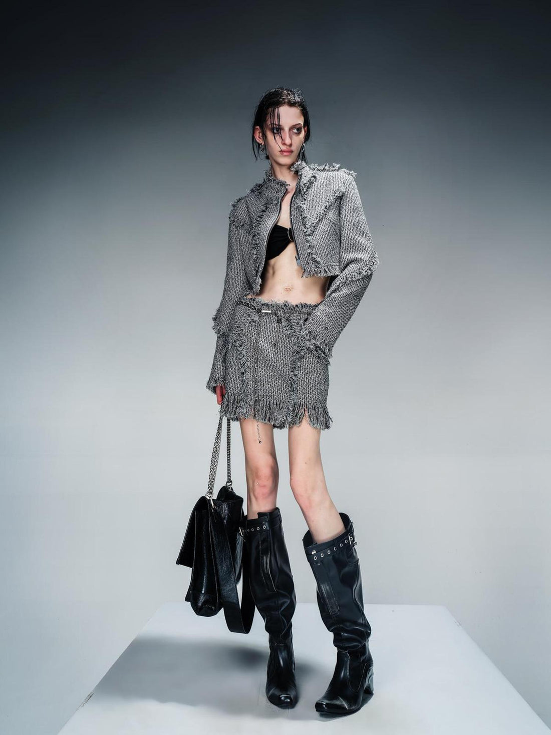 NN NORTH NODE Fringed Tweed Set Edgy Jacket Asymmetric Skirt