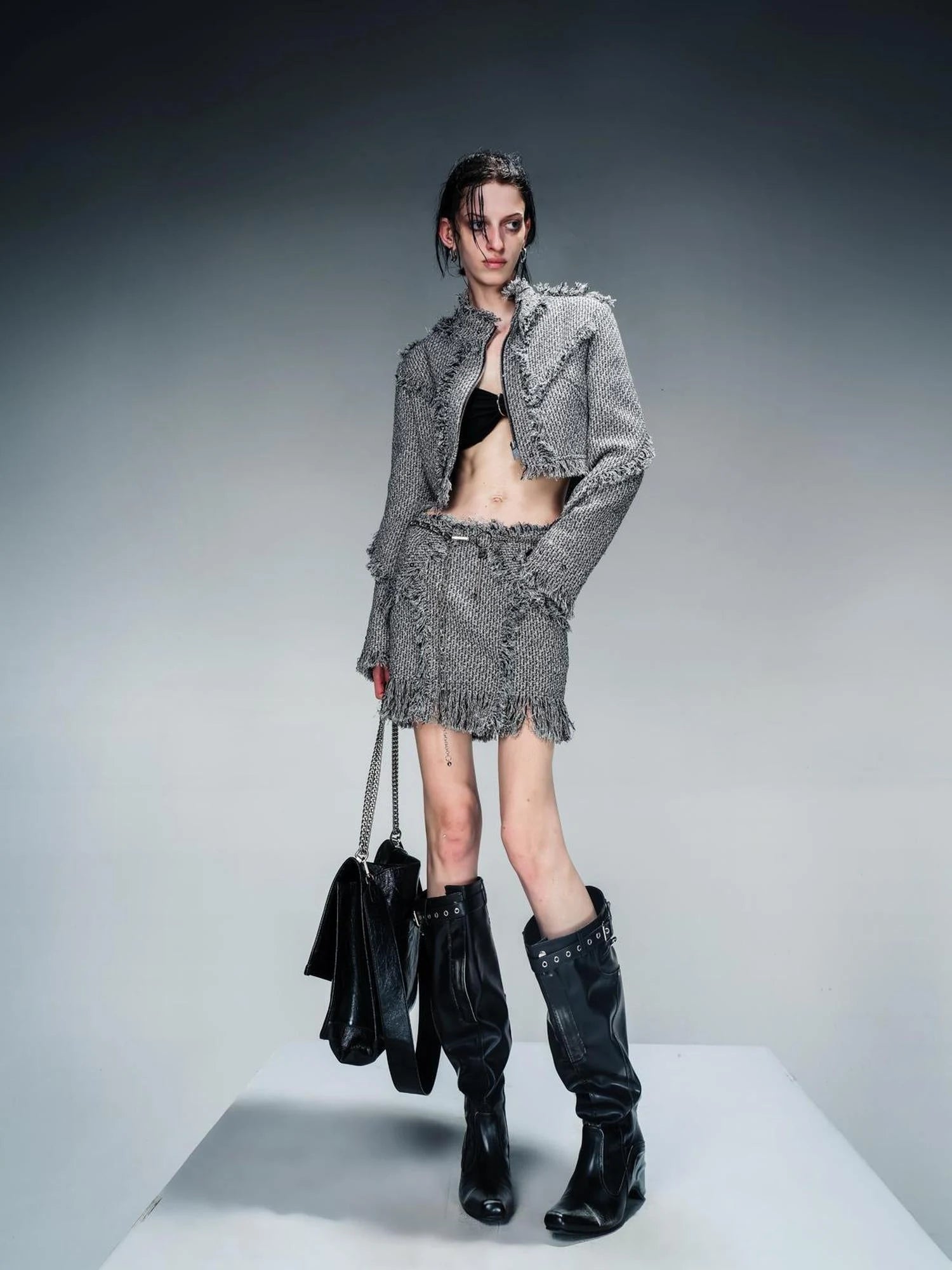 Fringed Tweed Set Edgy Jacket Asymmetric Skirt