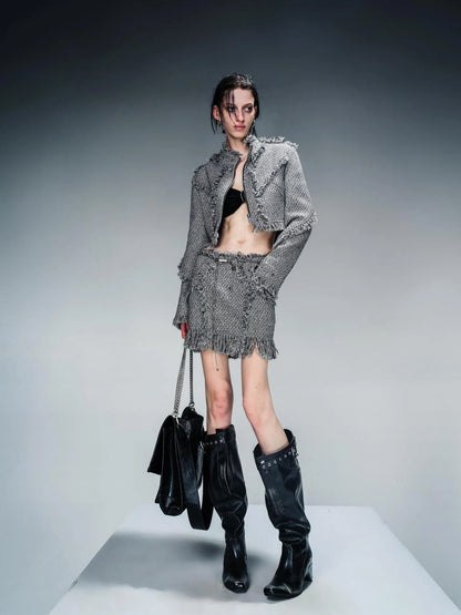 Fringed Tweed Set Edgy Jacket Asymmetric Skirt