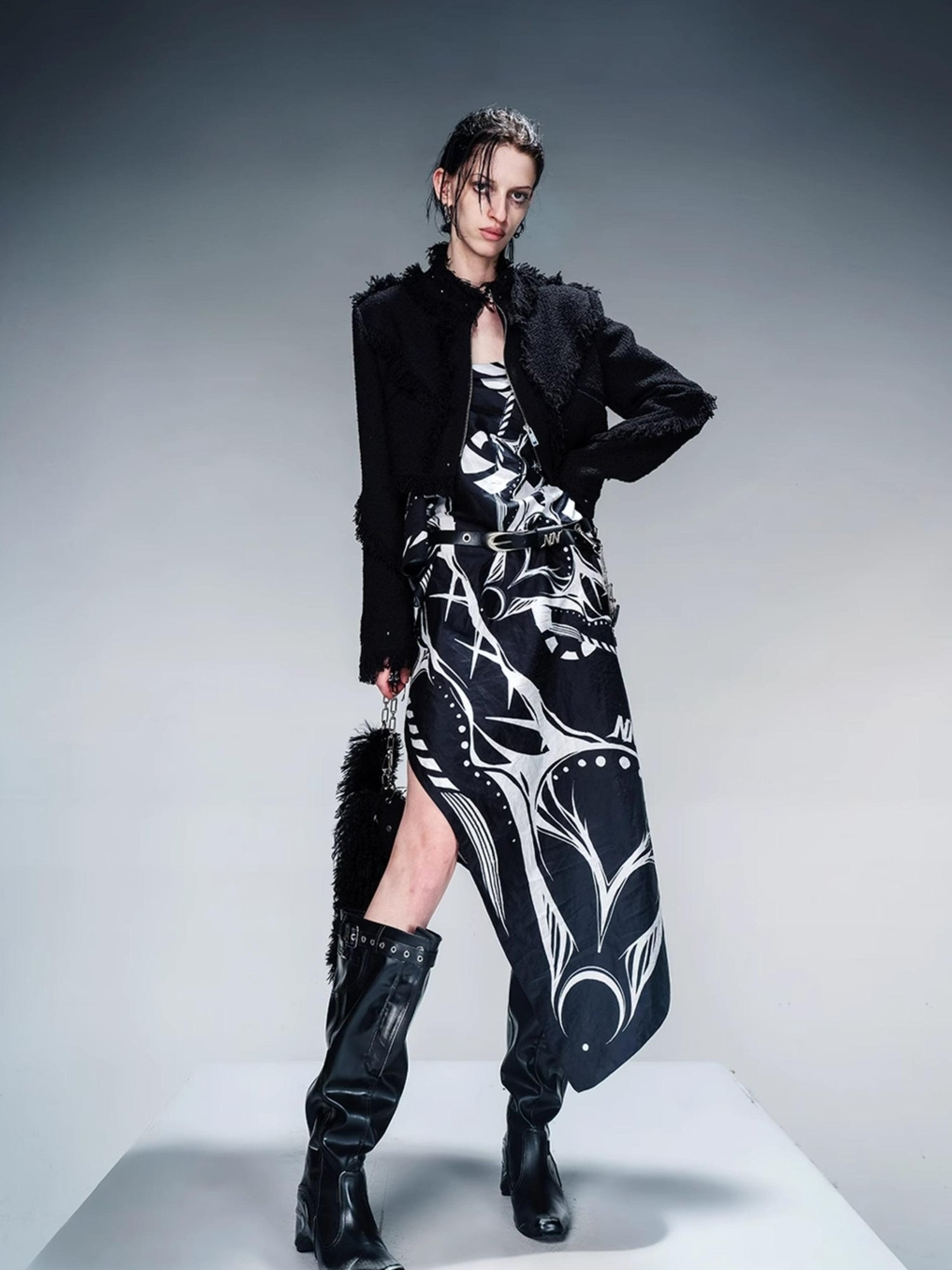 NN NORTH NODE Fringed Tweed Set Edgy Jacket Asymmetric Skirt