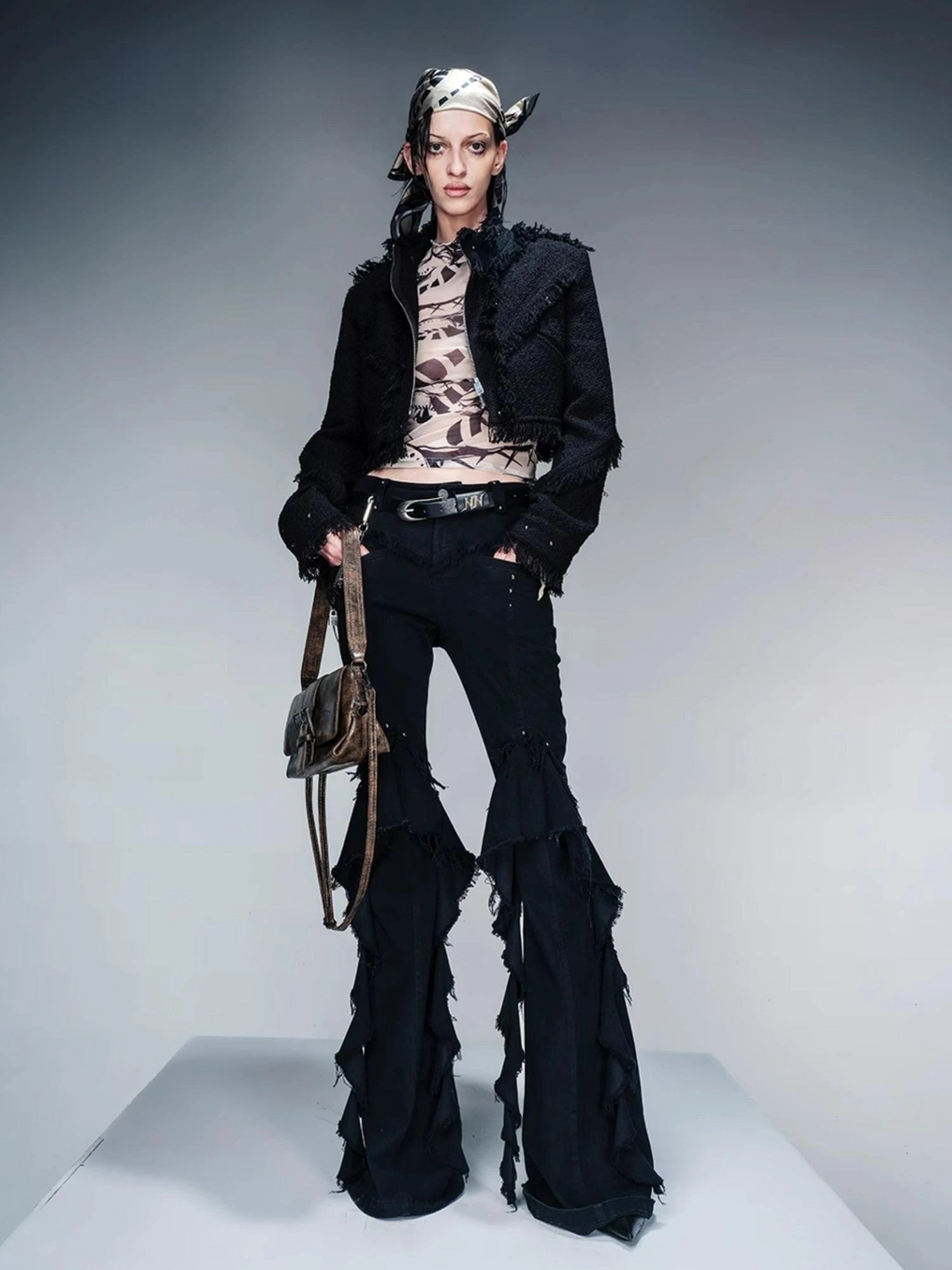 Fringed Tweed Set Edgy Jacket Asymmetric Skirt