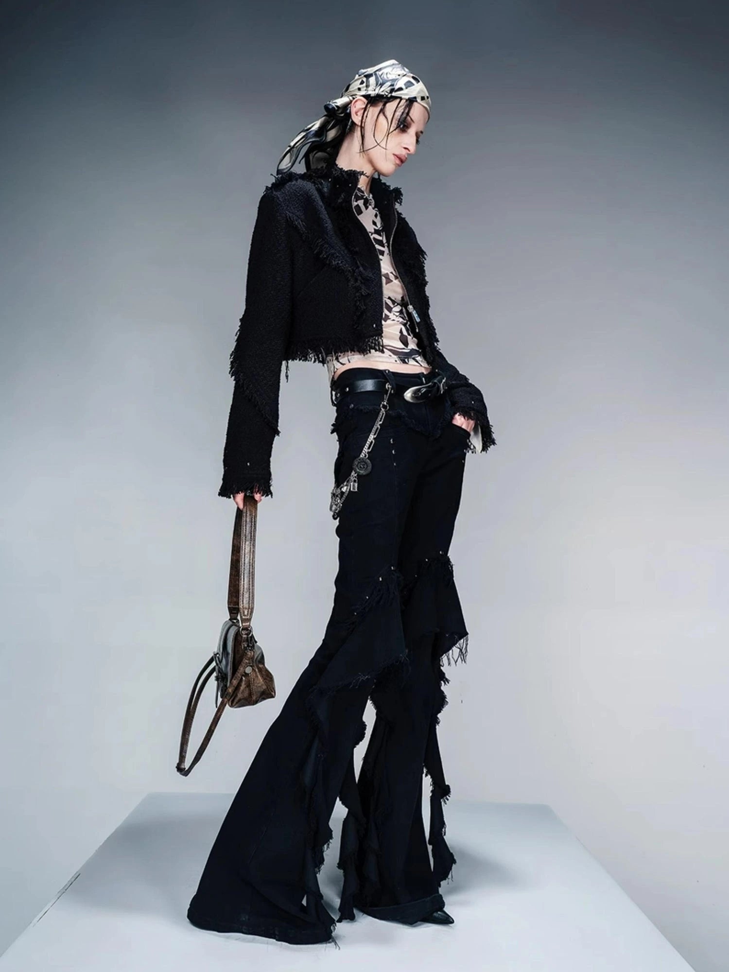 Fringed Tweed Set Edgy Jacket Asymmetric Skirt