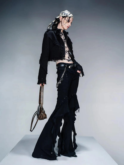 Fringed Tweed Set Edgy Jacket Asymmetric Skirt