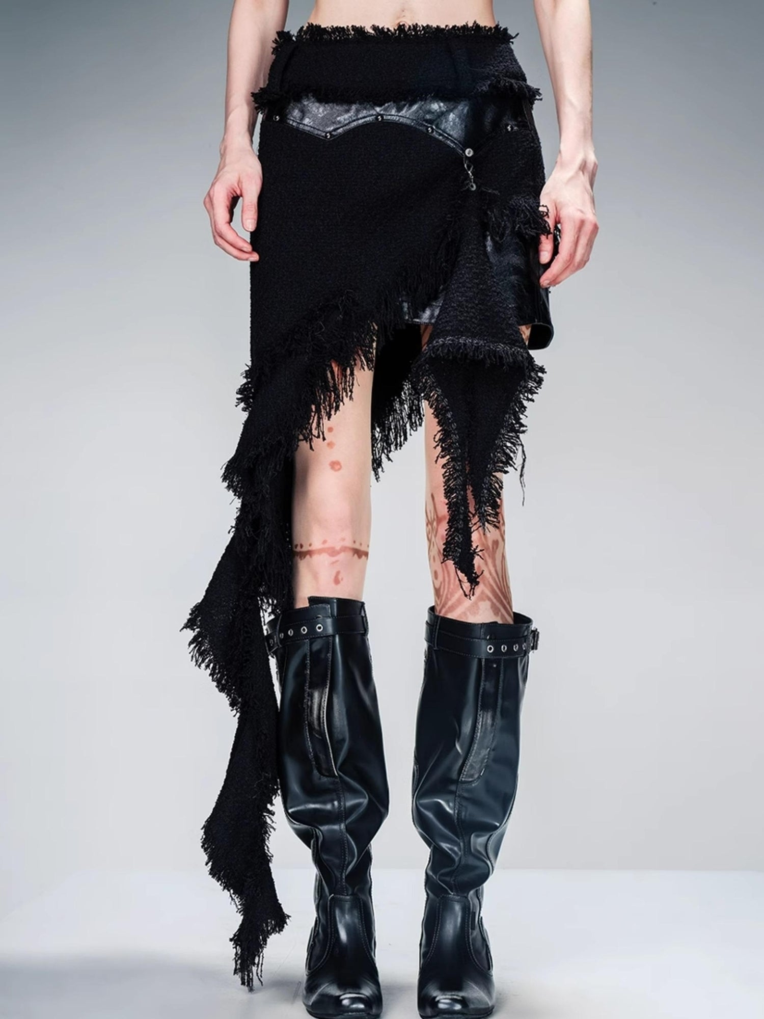 NN NORTH NODE Fringed Tweed Set Edgy Jacket Asymmetric Skirt