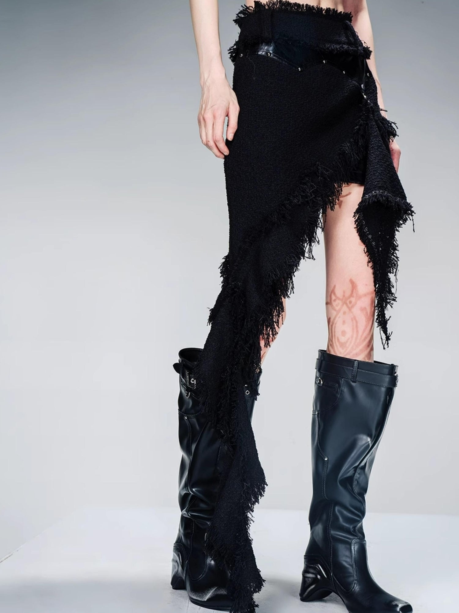NN NORTH NODE Fringed Tweed Set Edgy Jacket Asymmetric Skirt