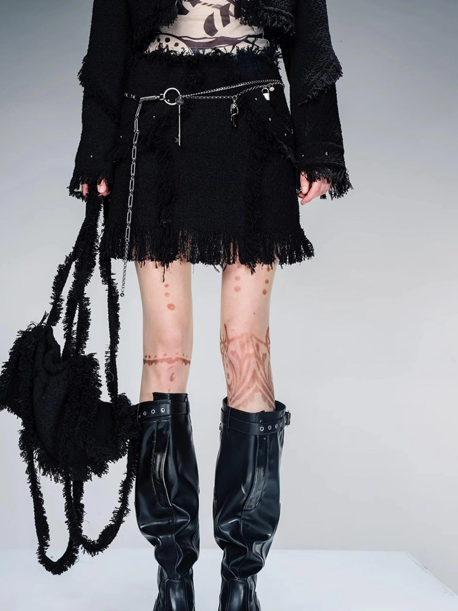 Fringed Tweed Set Edgy Jacket Asymmetric Skirt