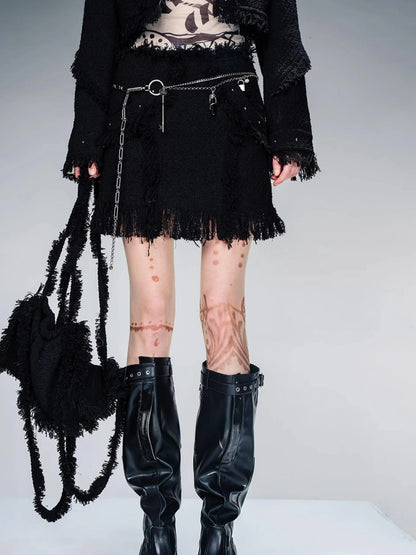 Fringed Tweed Set Edgy Jacket Asymmetric Skirt