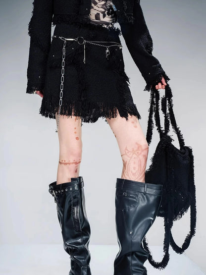 Fringed Tweed Set Edgy Jacket Asymmetric Skirt