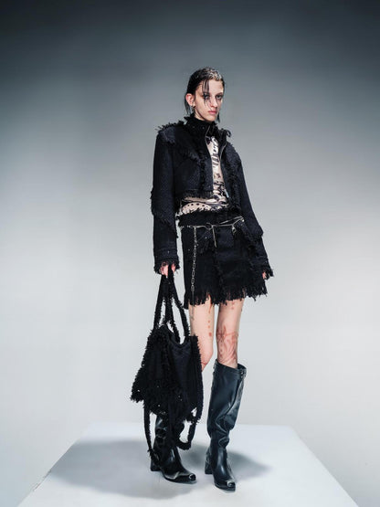 NN NORTH NODE Fringed Tweed Set Edgy Jacket Asymmetric Skirt