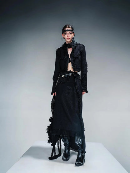 Fringed Tweed Set Edgy Jacket Asymmetric Skirt