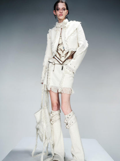 NN NORTH NODE Fringed Tweed Set Edgy Jacket Asymmetric Skirt