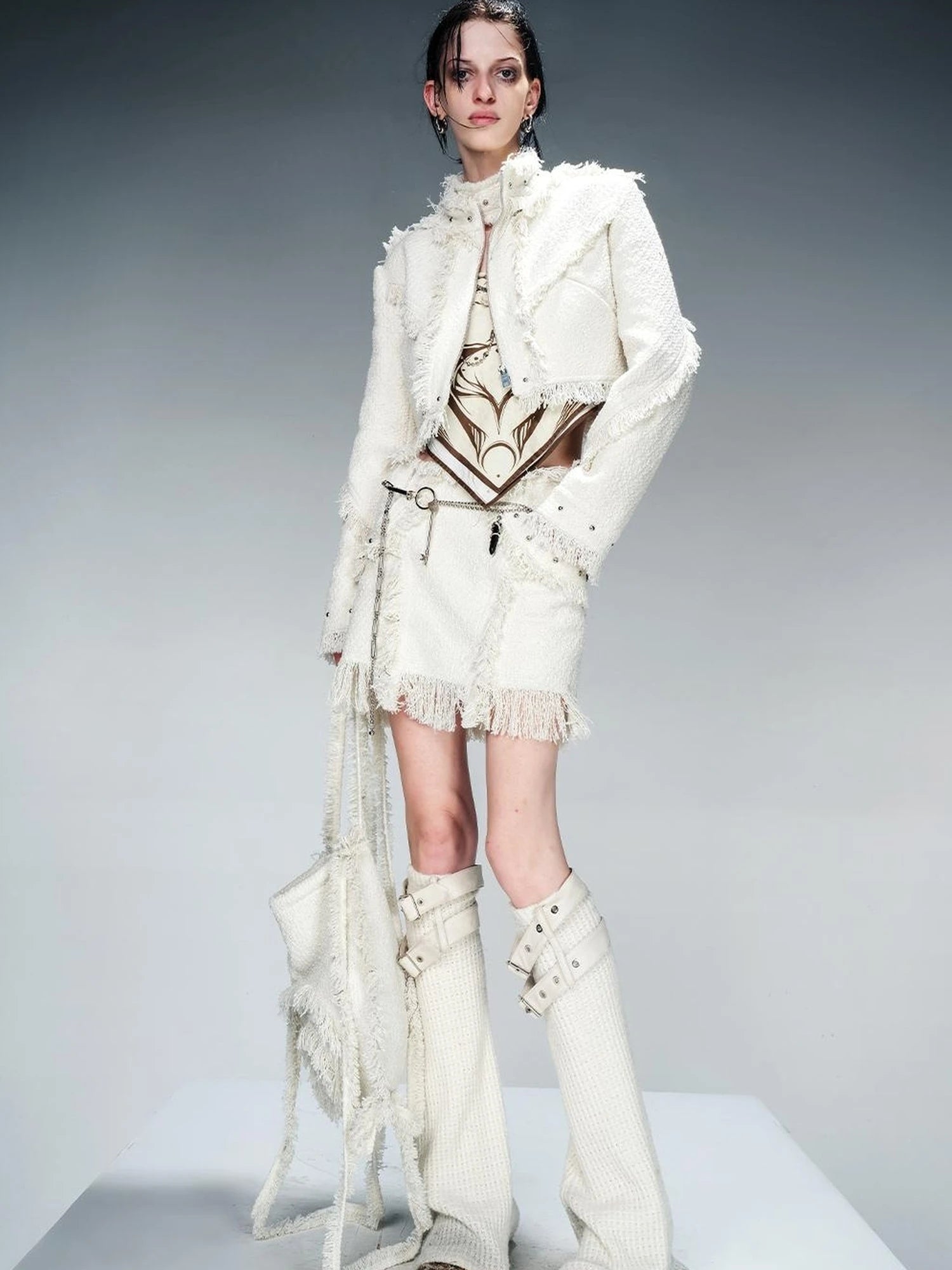 Fringed Tweed Set Edgy Jacket Asymmetric Skirt