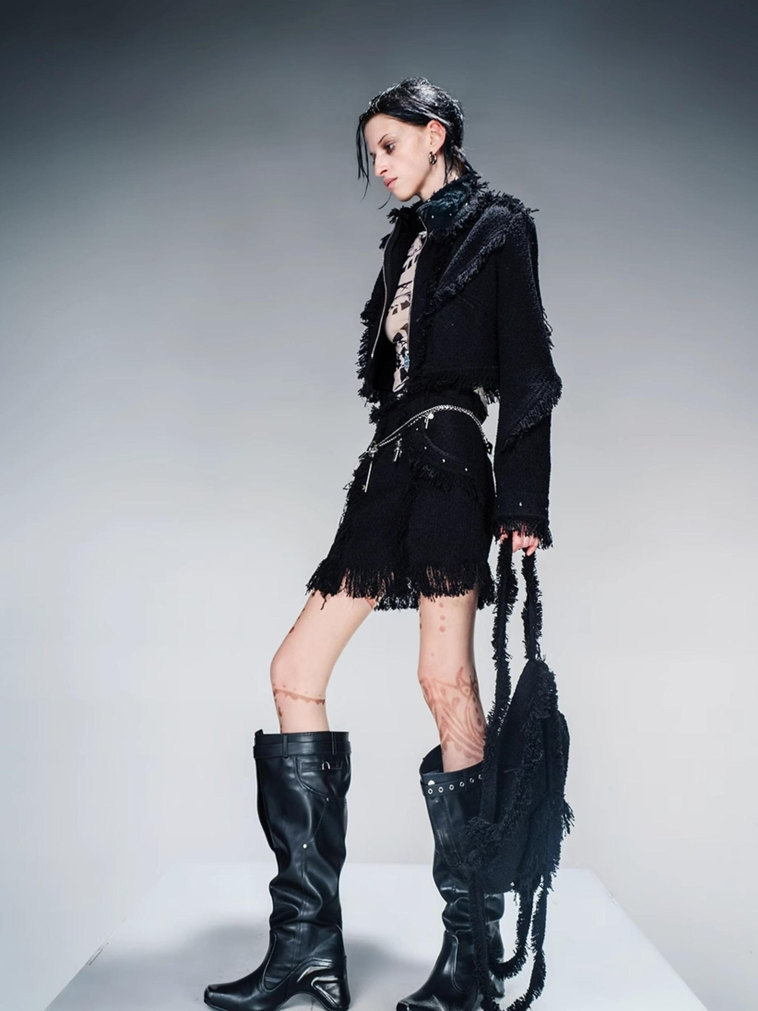 NN NORTH NODE Fringed Tweed Set Edgy Jacket Asymmetric Skirt