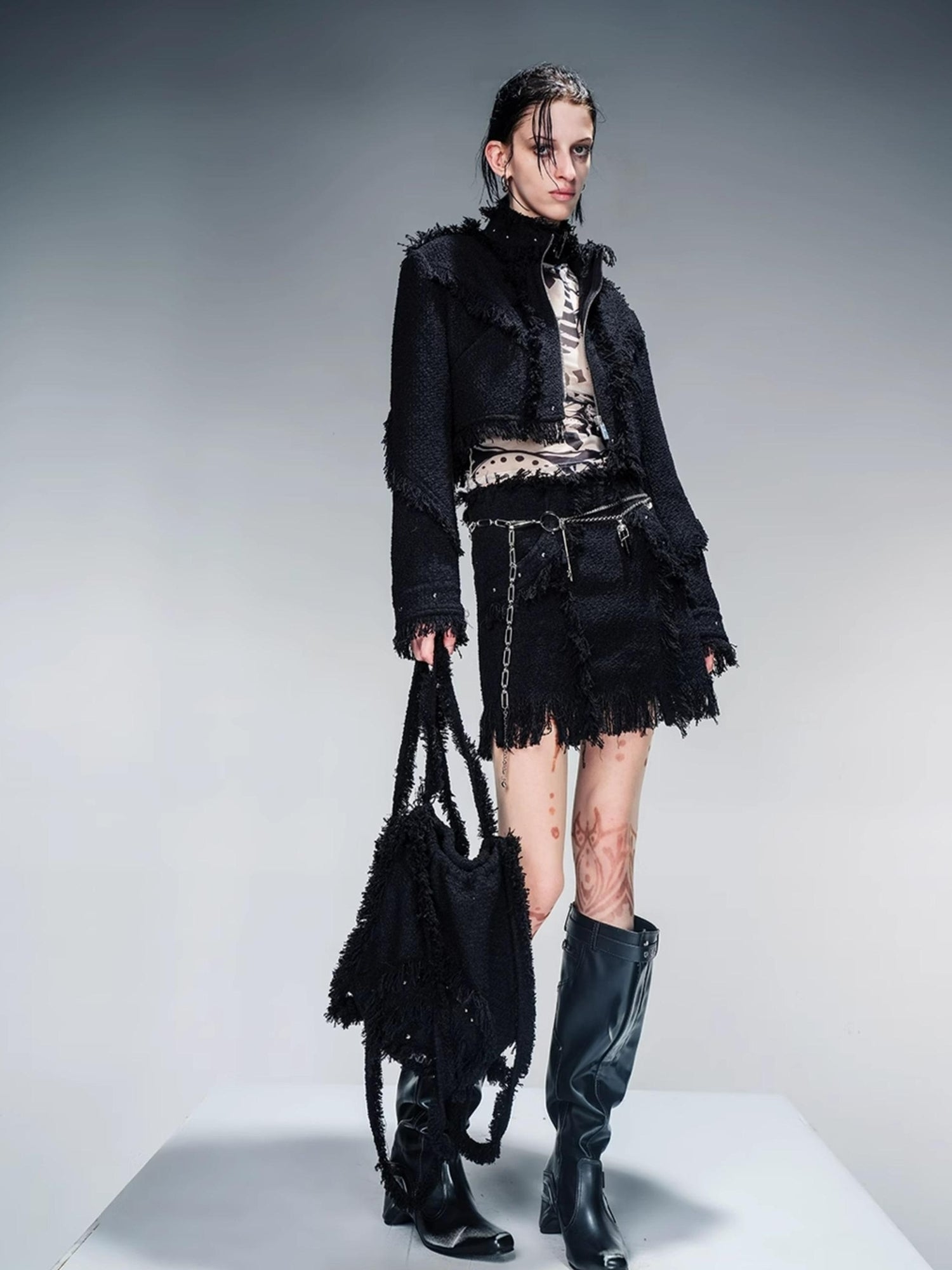 NN NORTH NODE Fringed Tweed Set Edgy Jacket Asymmetric Skirt