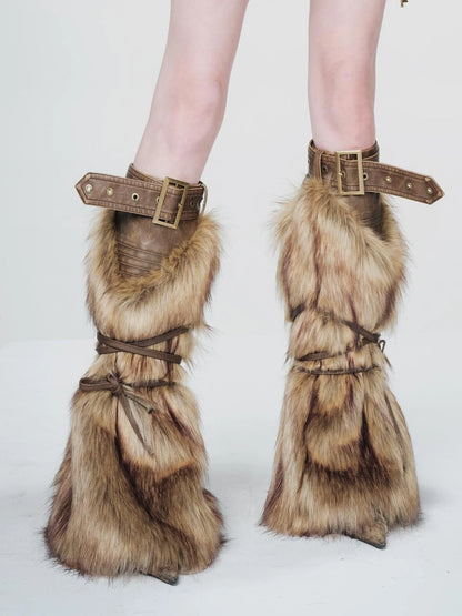 Faux Fur Leg Warmers with Adjustable Lacing