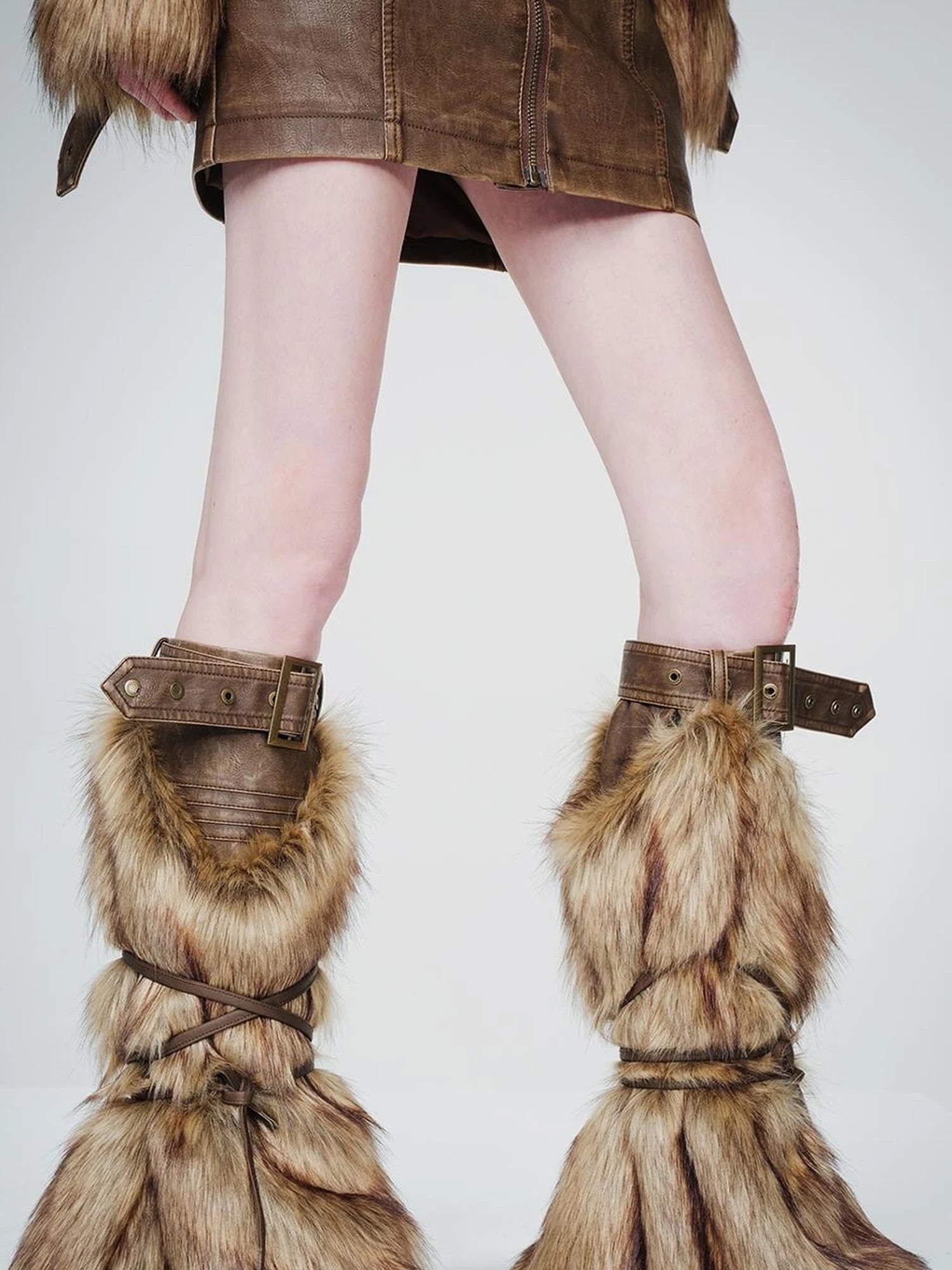 Faux Fur Leg Warmers with Adjustable Lacing